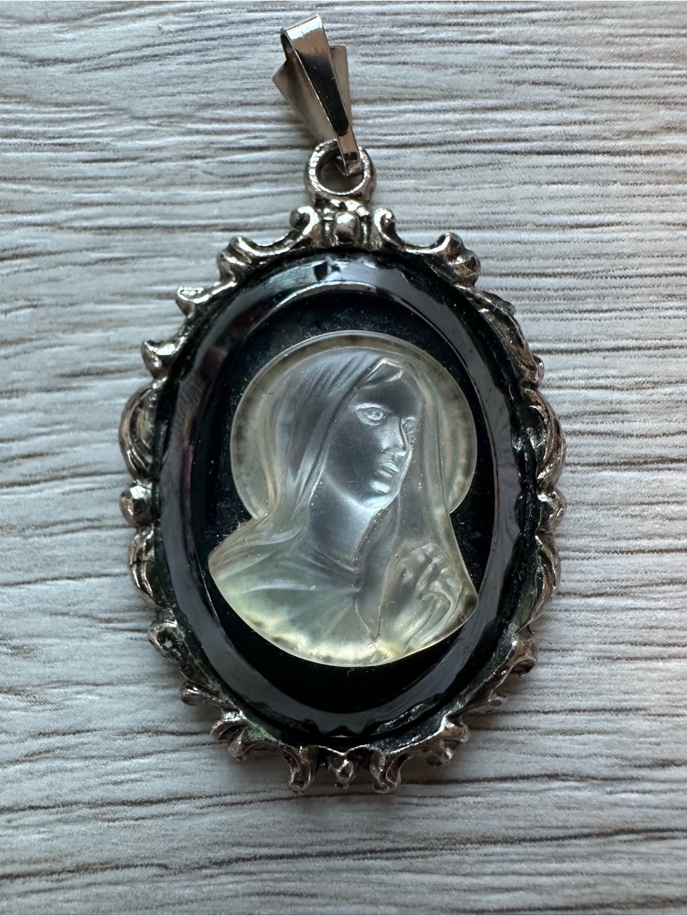 Vintage Madonna Cameo Pendant Oval Black Silver Tone Ornate Frame Glass Faith